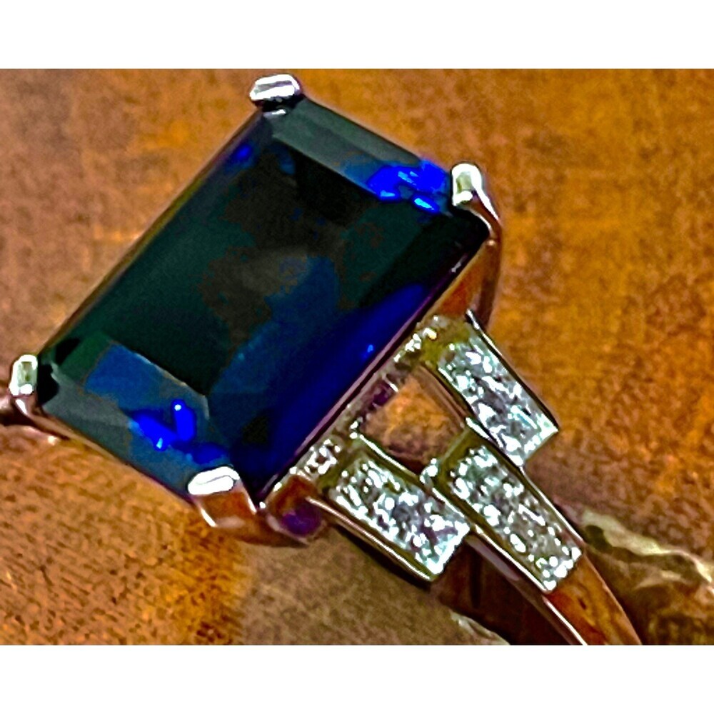 Genuine Emerald Cut Lab-Created Sapphire Set in Ring 925 Sterling Silver - Picture 8 of 13
